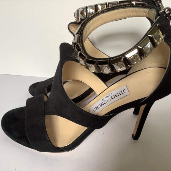 Jimmy Choo Suede Crystal Embellishments T-Strap Sandals 7.5